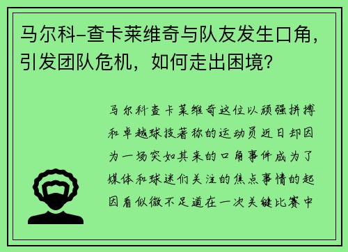 马尔科-查卡莱维奇与队友发生口角，引发团队危机，如何走出困境？